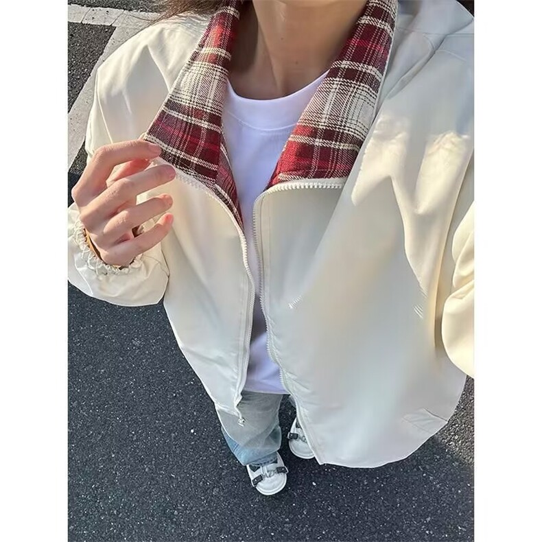 XDFM 美式格子装饰基础款开衫拉链卫衣外套加绒秋冬复古连帽上衣图片