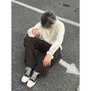 美式镂空深V设计长袖针织衫潮男夏季痞帅T恤慵懒风男模上衣 M556图片