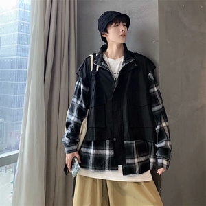 港风休闲假两件外穿夹克男 韩版秋季衬衫外套宽松 J/图片