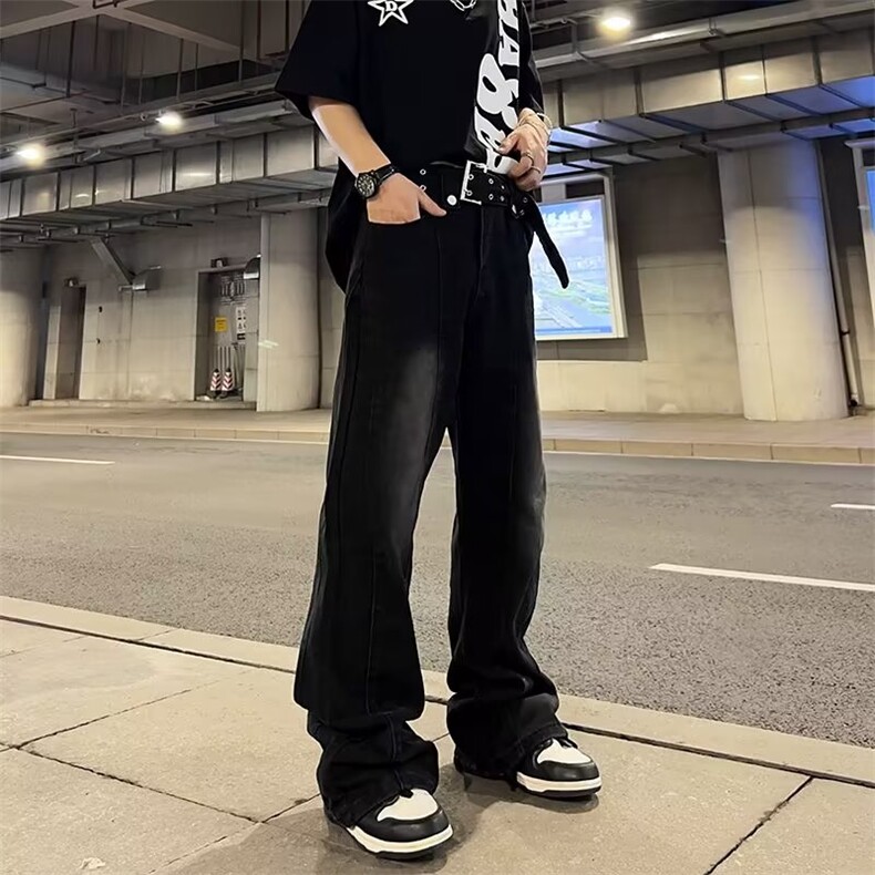 黑色微喇牛仔裤男美式高街hiphop裤子宽松直筒+腰带5066-p45,男装牛仔裤,星座1001-1