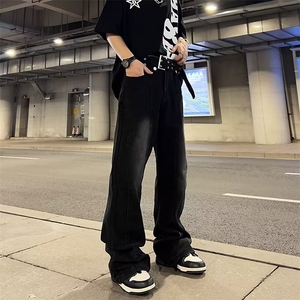 黑色微喇牛仔裤男美式高街hiphop裤子宽松直筒+腰带  5066-p45图片