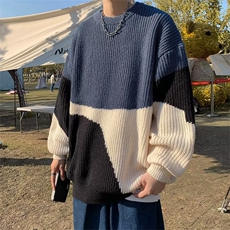 撞色毛衣男2023秋冬小众设计感时尚潮牌针织衫慵懒风线衣宽松外套，男装针织衫/毛衣，星座716-4