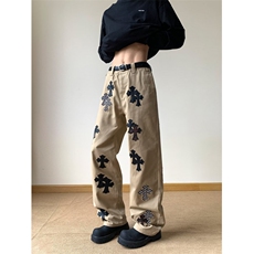 美式卡其棋盘格十字架贴布牛仔裤女秋冬2025新款长裤RK3150-P67，男装牛仔裤，星座412-3
