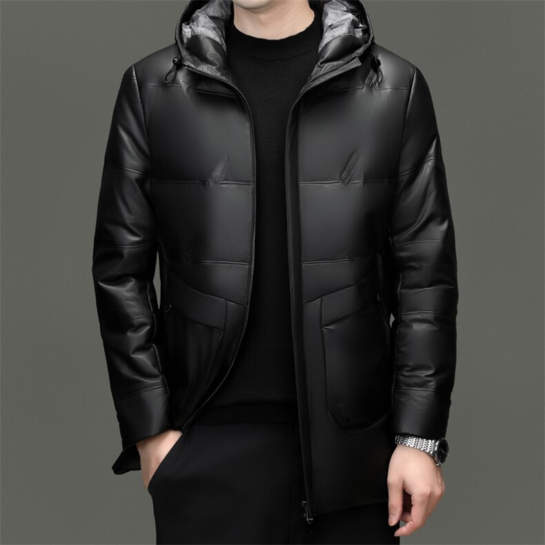W0211冬季男士真皮羽绒服连帽中长款皮衣绵羊皮外套保暖大衣厚,男装皮衣,电商B360