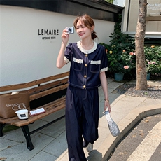 小香风蕾丝拼接天丝牛仔套装裤女夏盐系时尚上衣高腰阔腿裤两件套，女装套装/套裙，2C129