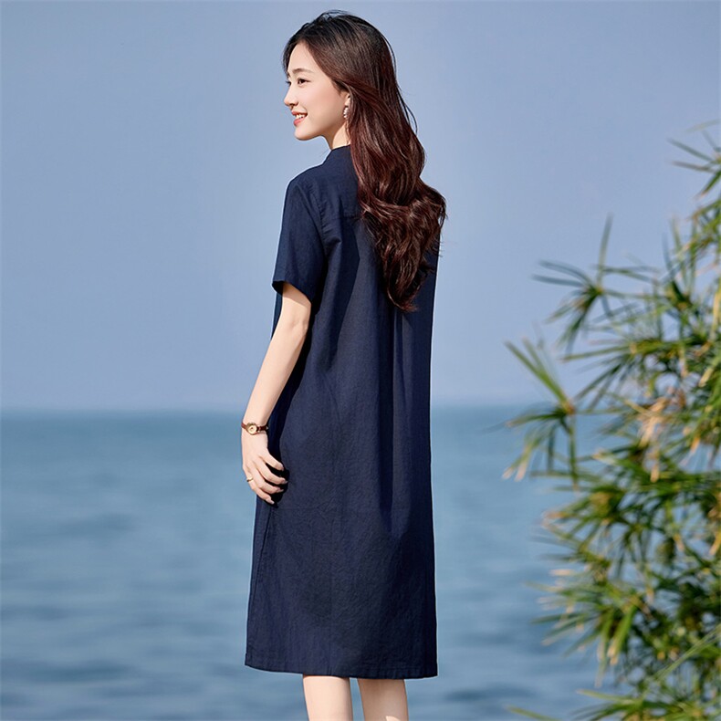 亚麻连衣裙2025夏季新款短袖中长款宽松显瘦大码胖MM妈妈棉麻裙子,女装连衣裙,文熹诺