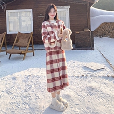 红色羊羔毛格子毛呢套装女秋冬2025新款半身裙两件套小香风爆款，女装套装/套裙，2C272