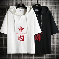 LD54198-P45连帽短袖t恤男大码胖子带帽五分袖中袖网格挂拍，男装T恤，电商A040A