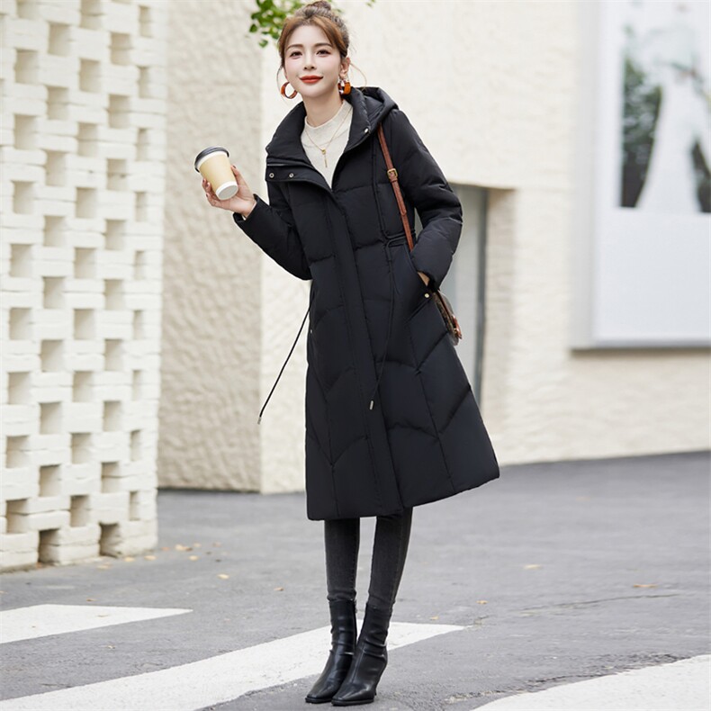 黑色羽绒服女2024年冬季新款高端时尚收腰显瘦过膝加厚白鸭绒外套，女装羽绒服，琦鑫阁（原依鑫阁）