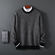 拼色加厚100%纯羊毛衫男圆领菱形格提花毛衣宽松针织羊绒衫上衣，男装羊毛衫，邓利维