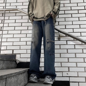 新款潮牌高街美式春秋季工装裤宽松休闲直筒牛仔裤图片