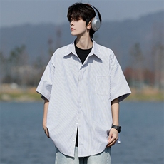 8XL-M条纹短袖衬衫男夏季宽松慵懒风痞帅大码衬衣外套DC28001P40，男装衬衫，电商B312