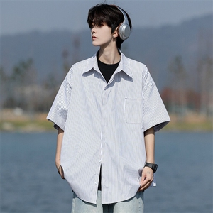 8XL-M 条纹短袖衬衫男夏季宽松慵懒风痞帅大码衬衣外套DC28001P40图片