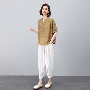 高端套装女2025夏装新中式天丝麻小衫文艺气质复古妈妈棉麻两件套图片