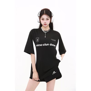 美式字母拼接嘻哈机车短袖T恤男女夏季运动宽松半袖上衣ST641-P39图片