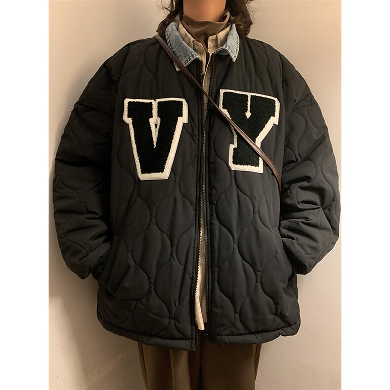 美式工装棉服oversize潮设计感小众复古牛仔polo领外套M02513-P78,男装棉衣,星座308B-1
