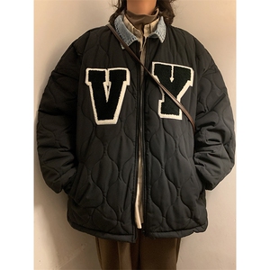 美式工装棉服oversize潮设计感小众复古牛仔polo领外套M02513-P78图片