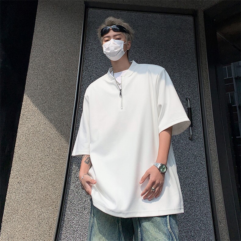 韩版宽松美式重磅垫肩短袖T恤拉链设计感半袖打底衫男女潮ins高街,男装T恤,星座505-2（原电商A260-1)