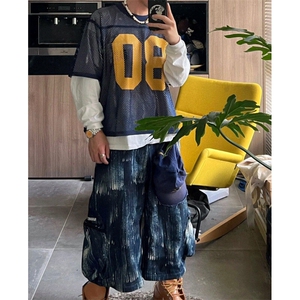 美式街头80 镂空网眼橄榄球服短袖男女款数字印花设计感宽松T袖潮图片