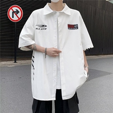 白色短袖衬衫男夏季薄款冰丝条纹半袖设计感小众美式潮牌痞帅衬衣，男装T恤，星座1210-1