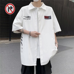 白色短袖衬衫男夏季薄款冰丝条纹半袖设计感小众美式潮牌痞帅衬衣图片