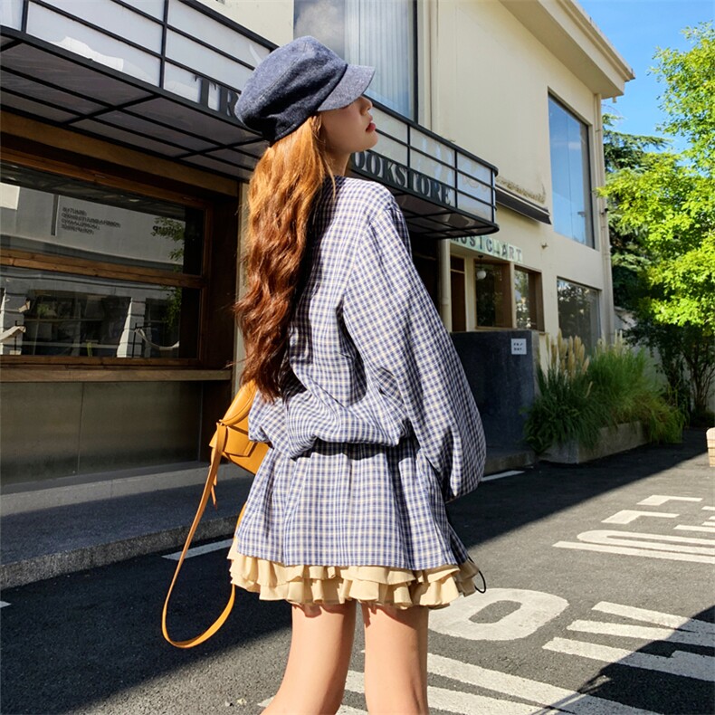 韩系学院风格子上衣套装女2025秋季新款甜美减龄休闲半身裙两件套,女装套装/套裙,2C158