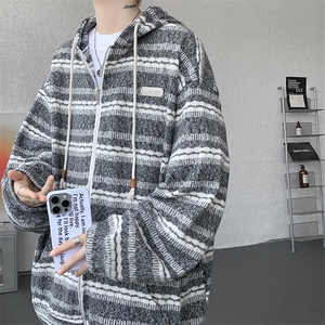 8XL-M 潮情侣美式磨毛编织条纹针织衫卫衣宽松拉链外套WY30P88图片
