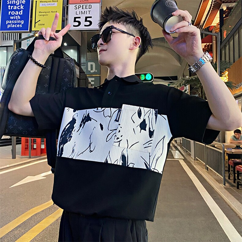 AT113/P58控89夏季社会小伙百搭撞色痞帅高级感短袖T恤男黑首图片