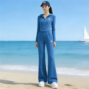 女春季新款时尚休闲套装收腰显瘦短款连帽长袖卫衣阔腿长裤两件套