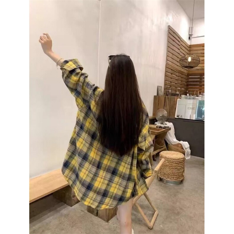 TC502-P45韩系格子长袖复古磨毛宽松外套中长款防晒衬衣,女装衬衫,星座617A-2