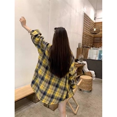 TC502-P45韩系格子长袖复古磨毛宽松外套中长款防晒衬衣，女装衬衫，星座617A-2