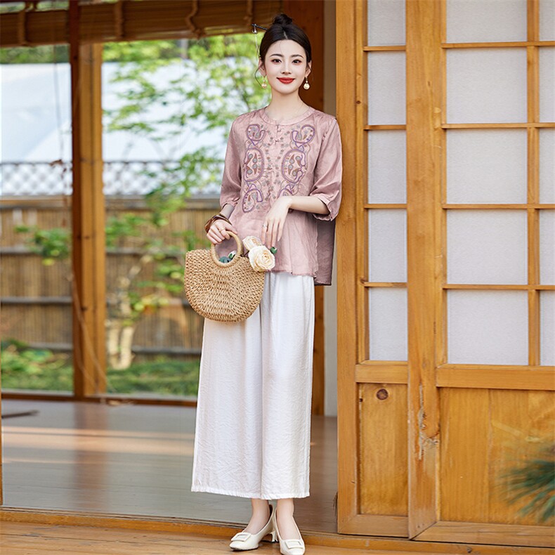 棉麻套装女绣花新款夏装搭配一整套中年妈妈阔腿裤装亚麻两件套,女装套装/套裙,衣之秀