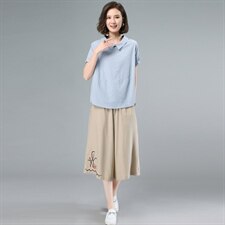 2021夏季新款简约时尚气质翻领个性减龄绣花七分阔腿裤棉麻两件套，女装套装/套裙，奕阳依阁