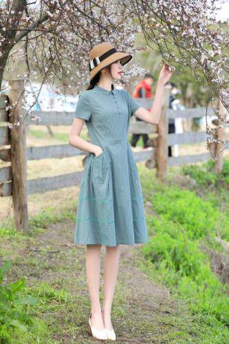 现货，文艺范，棉麻连衣裙，女装连衣裙，金典明美