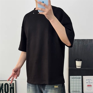 抖音得物品质二开240克宽松纯棉美式高街痞帅潮牌金属装饰短袖T恤图片
