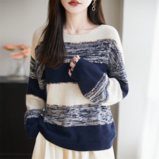 2025年秋季新款琥珀流光风撞色一字领针织上衣时尚休闲通勤百搭，女装针织衫/毛衣，九嘉羊绒