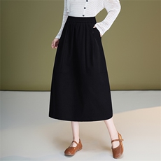 黑色休闲半身裙女2025秋季新款高腰显瘦A字花苞裙中长宽松蓬蓬裙，女装半身裙，艾米