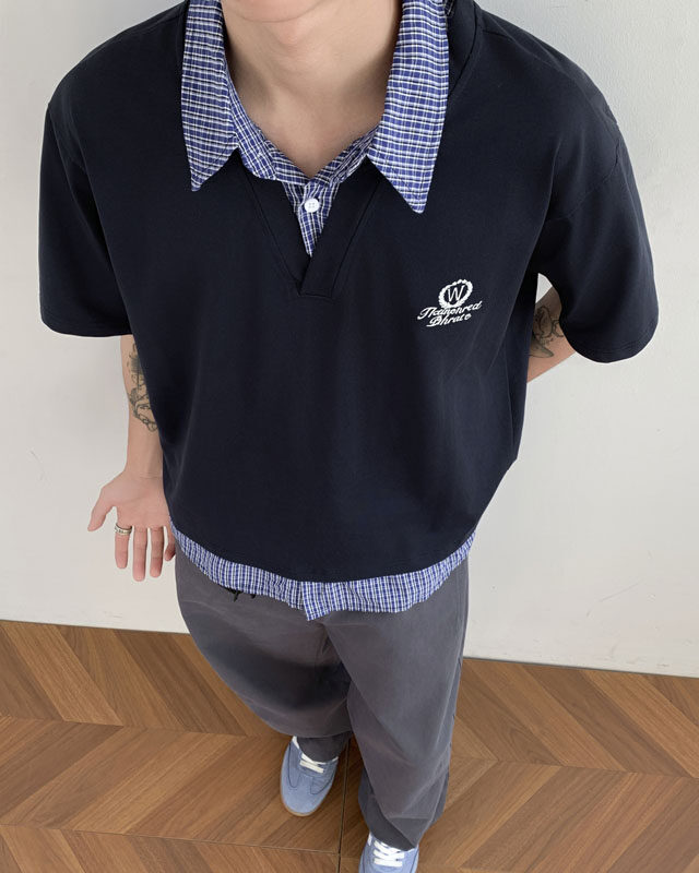 假两件短袖男格子拼接polo衫t恤翻领复古宽松休闲上衣,男装T恤,星座410-6（原星座1304-1）