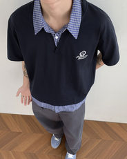假两件短袖男格子拼接polo衫t恤翻领复古宽松休闲上衣，男装T恤，星座410-6（原星座1304-1）