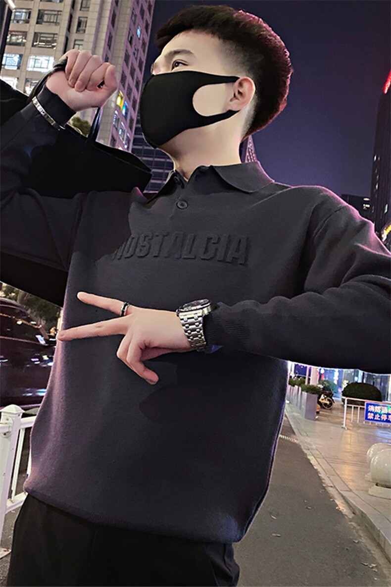 Y23/P88控118冬季社会小伙韩版纯色翻领压花字母打底毛衣男灰首1,男装T恤,星座305B