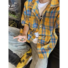 美式复古黄色格子短袖衬衫男vintage潮牌夏季薄款衬衣高级感外套，男装T恤，星座1210-1