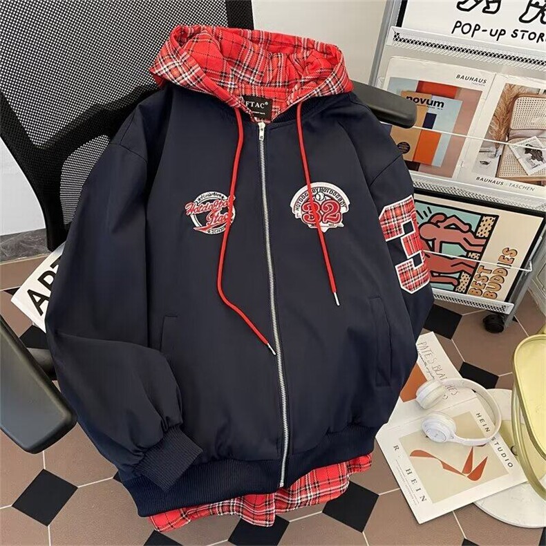 假两件夹克新款时尚美式复古格子连帽外套Z688P90,男装夹克,星座1116-2