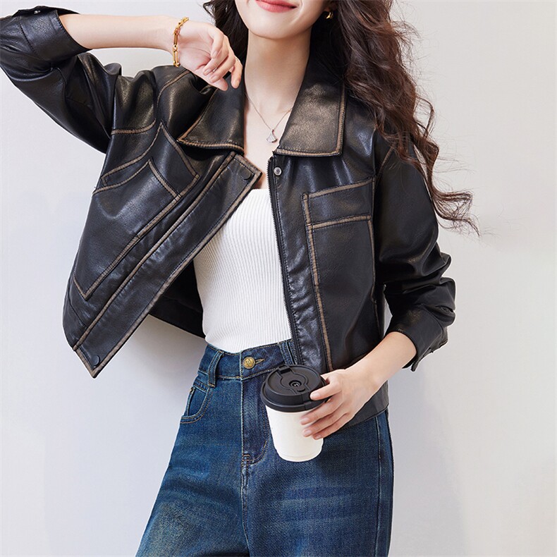 复古短款机车皮衣外套女春季2024新款宽松炸街小个子pu皮夹克上衣,女装皮衣,潮流依族