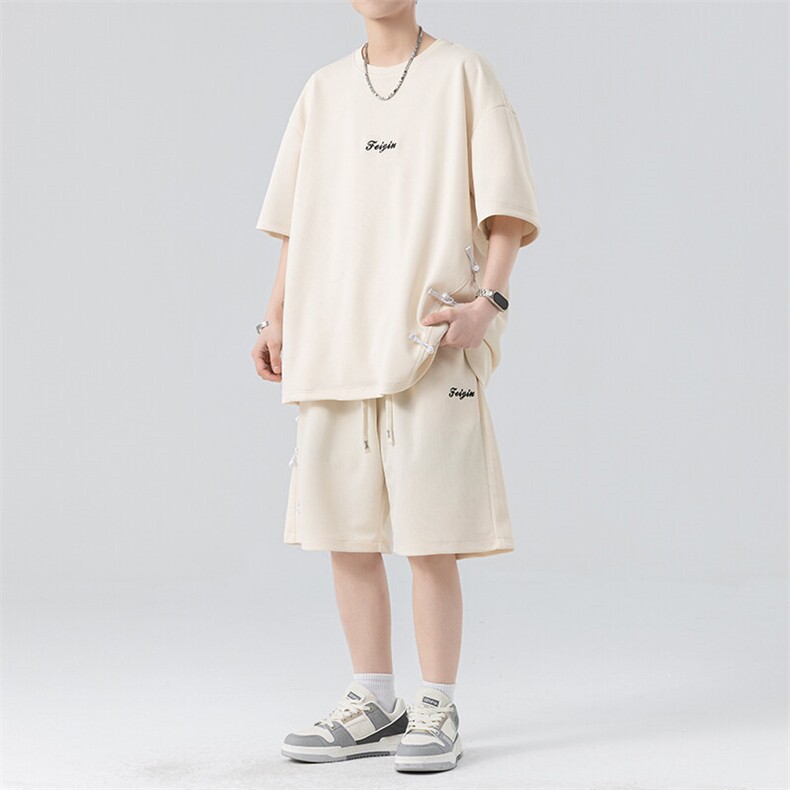 套装男夏季新款港风宽松拼接设计短袖T恤五分裤一套TZ6013特P38图片