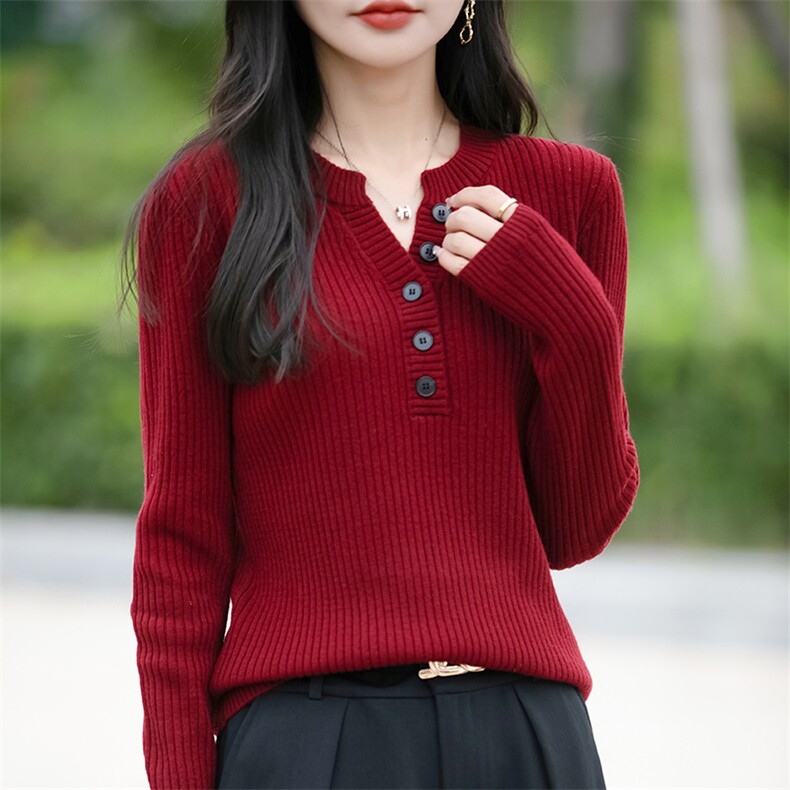 时尚百搭女士秋冬简约针织衫纯色休闲长袖毛衣显瘦修身款,针织衫/毛衣,佳绒包芯纱店
