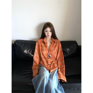 秋新款美式辣妹橘红格子色慵懒风防晒长袖衬衫衬衣 C2234图片