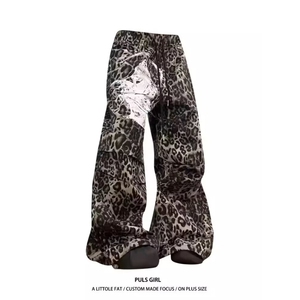 1506-1/K84371/P59豹纹高腰加绒阔腿牛仔裤百搭显瘦直筒拖地裤男图片