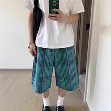 日系复古蓝格子五分短裤男宽松直筒夏季百搭休闲中裤青少年，男装牛仔裤，星座506A