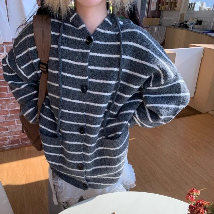 秋冬新条纹连帽毛衣男女同款美式复古慵懒风撞色针织开衫外套图片