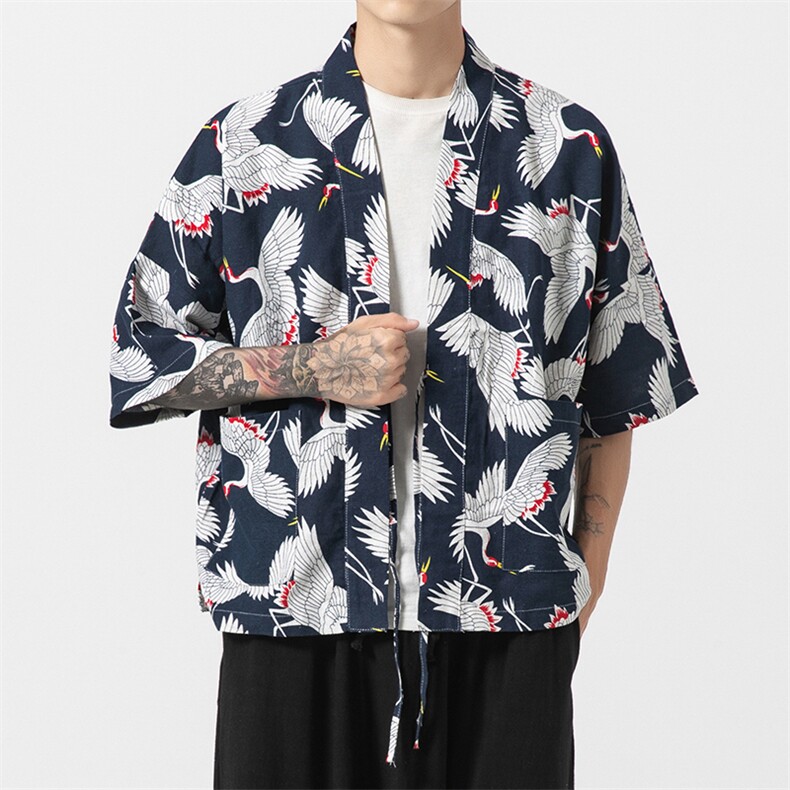 大码日系无影墙仙鹤夏装宽松披肩棉麻风衣开衫风风衣F03/，男装风衣，钱塘713